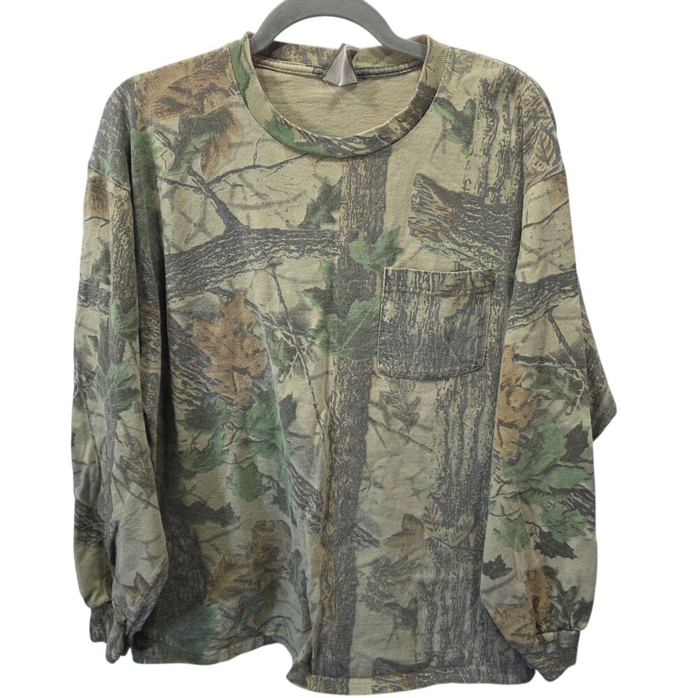Jerzees Outdoors Camo Long Sleeve T Shirt L Woodland Pocket Hunting Tee